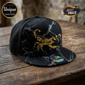 Black and grey marble patterned baseball cap with an embroidered gold scorpion design and a 59FIFTY metallic visor sticker.!
