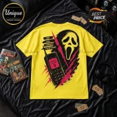 Bright yellow T-shirt featuring a black Ghostface mask, a retro mobile phone displaying Unknown Calling, and red slash art.!