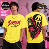 Bright yellow cotton t-shirt featuring Scream horror movie graphics, Ghostface mask, and vintage mobile phone on the back.!
