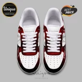 Custom low-top sneakers with white toe boxes, white laces, and dark red glitter panels featuring memorial text.!