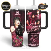 Selena Quintanilla 30th anniversary insulated tumbler with dark red floral print, photo collage, and signature graphic.!