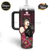Stanley 40oz stainless steel tumbler featuring an illustration of Selena Quintanilla with red roses on a dark background.!
