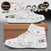 Simple Plan Signature Edition White Air Jordan 1 Sneakers featuring band signatures, logos, and custom name placement.