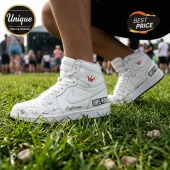 Simple Plan Signature Edition White Air Jordan 1 Sneakers featuring custom band autographs and red crown graphics on grass.