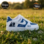 Custom white and blue sneakers featuring Skillet band logo, Comatose 20 Years text, and band member graphics on grass.!