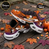 Snoopy Halloween Orange Air Max Plus Sneakers featuring Snoopy in a witch hat, pumpkins, and bats on a wooden surface.