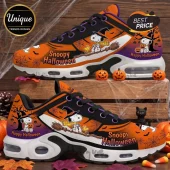 Snoopy Halloween Orange Air Max Plus sneakers featuring Snoopy in a witch hat, cobwebs, and pumpkin graphics.