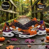 Snoopy Halloween Orange Air Max Plus Sneakers featuring Snoopy in a witch hat on an orange and black footwear design.