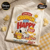 Off-white t-shirt featuring Snoopy, a picnic basket, and Lay's potato chip graphics with text Sunny Days Crunch Into Happy.!