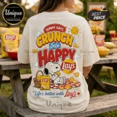 Off-white cotton t-shirt featuring Snoopy, a picnic basket, and Lay's branding with text reading Crunch Into Happy.!