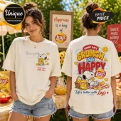 Cream-colored cotton t-shirt with Snoopy graphic and Lay's branding, featuring front and back printed designs.!