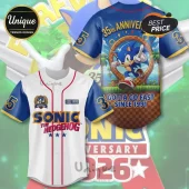 Sonic the Hedgehog 35th anniversary baseball jersey with blue sleeves, white front, and graphic print on the back.!