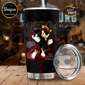 Shadow the Hedgehog stainless steel travel tumbler with black and red graphic design, text quote, and plastic lid.!