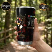 Shadow the Hedgehog stainless steel tumbler featuring character art, Chaos Emeralds, and Japanese text on black background.!