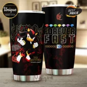 Shadow the Hedgehog stainless steel tumbler featuring character art, Chaos Emeralds, and Forever Fast text on black base.!