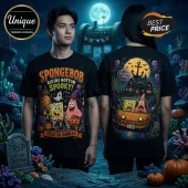 SpongeBob SquarePants Halloween Bikini Bottom black T-shirt featuring cartoon characters in a spooky undersea setting.