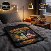 SpongeBob SquarePants Halloween Bikini Bottom black t-shirt featuring SpongeBob and Patrick with a spooky theme.