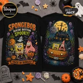 SpongeBob SquarePants Halloween Bikini Bottom black t-shirt featuring mummy SpongeBob, witch Patrick, and haunted scenes.