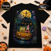 SpongeBob SquarePants Halloween Bikini Bottom black t-shirt features a Krusty Krab burger car with SpongeBob and Patrick.