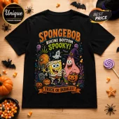 SpongeBob SquarePants Halloween Bikini Bottom black t-shirt featuring SpongeBob as a mummy and Patrick in a witch hat.