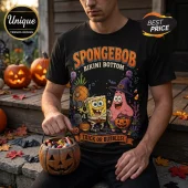 SpongeBob SquarePants Halloween Bikini Bottom black t-shirt featuring a mummy SpongeBob and witch Patrick graphic.