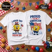 SpongeBob SquarePants Patriotic Labor Day T-Shirt with American flag, top hat, and blue text on white cotton fabric.