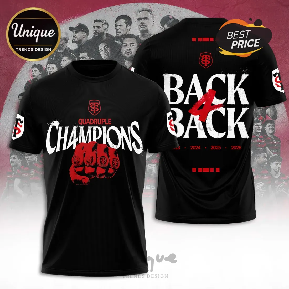 Stade Toulousain 2026 Quadruple Champions Black T-Shirt Stade Toulousain 2026 Quadruple Champions Black T-Shirt