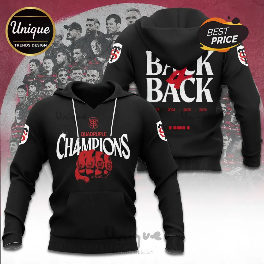 Stade Toulousain 2026 Quadruple Champions Black T-Shirt Stade Toulousain 2026 Quadruple Champions Black T-Shirt