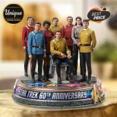 Star Trek 60th Anniversary Acrylic Plaque featuring the original series crew standing on a circular base with galaxy art.