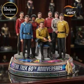 Star Trek 60th Anniversary Acrylic Plaque featuring detailed statues of the original series cast on a circular LED base.