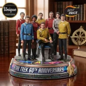 Star Trek 60th Anniversary Acrylic Plaque featuring detailed 3D figurines of the original crew on a lit circular base.