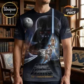 Black Star Wars 50th anniversary graphic t-shirt featuring Darth Vader, Luke Skywalker, Princess Leia, and Death Star.!