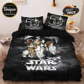 Star Wars A New Hope 50th anniversary bedding set featuring Luke, Leia, Han Solo, and droids on a black space background.!