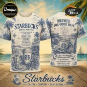 Starbucks Nautical Coffee Special Edition T-Shirt featuring front and back blue ink sketches of palm trees and coffee.