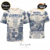 Starbucks Nautical Coffee Special Edition T-Shirt featuring blue vintage-style tropical illustrations on cream fabric.