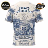 Starbucks Nautical Coffee Special Edition T-Shirt features a blue ink tropical ocean illustration on a cream background.