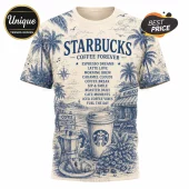 Starbucks Nautical Coffee Special Edition T-Shirt featuring blue tropical sketches, coffee cups, and beach scenery.