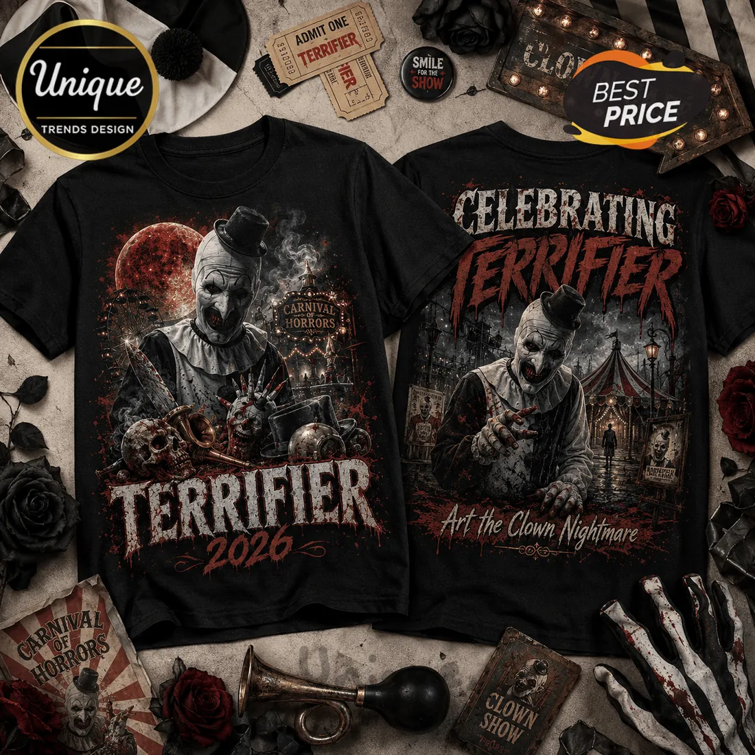 Terrifier Art the Clown Carnival of Horrors Black T-Shirt Terrifier Art the Clown Carnival of Horrors Black T-Shirt