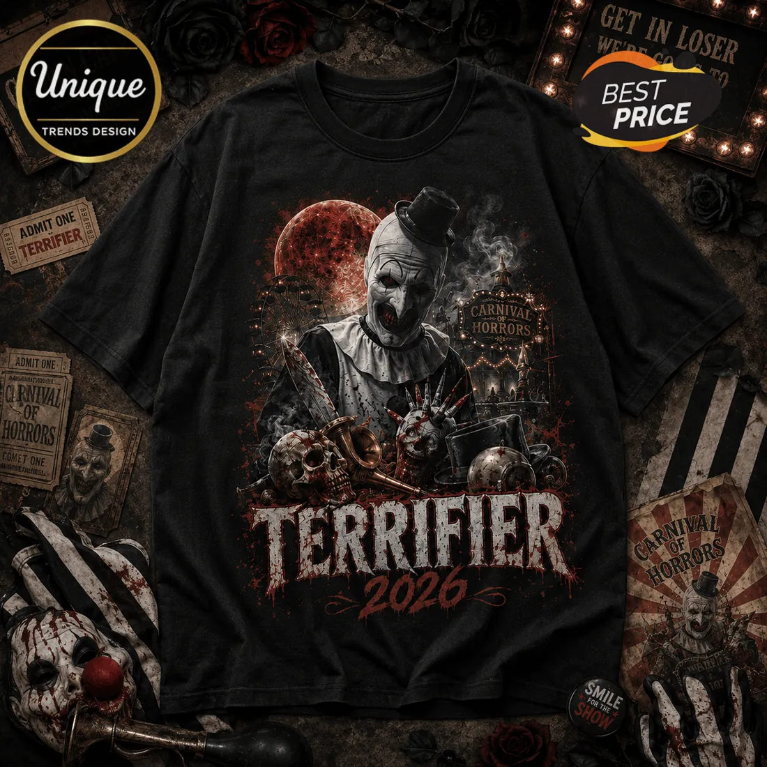 Terrifier Art the Clown Carnival of Horrors Black T-Shirt Terrifier Art the Clown Carnival of Horrors Black T-Shirt