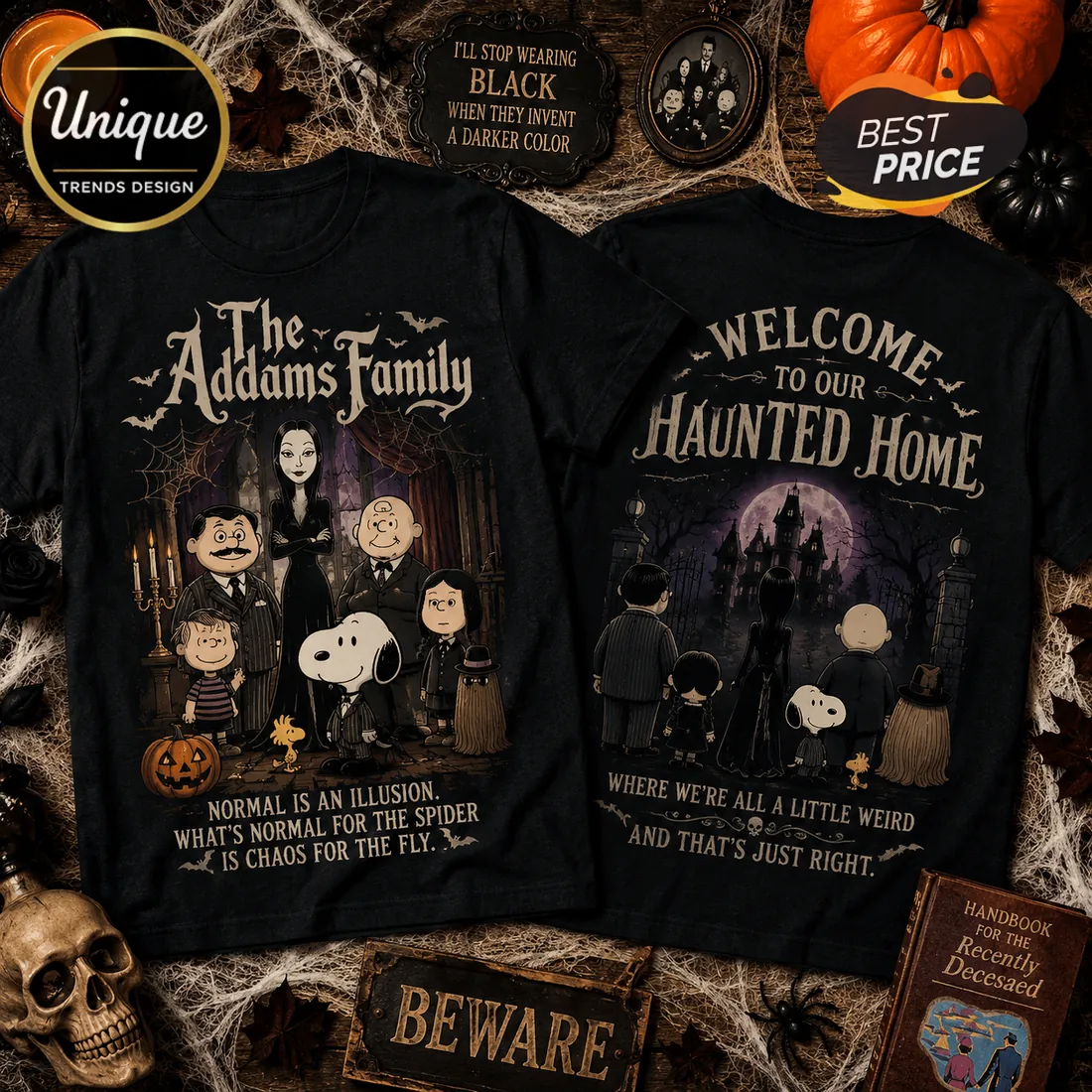 The Addams Family x Snoopy Haunted Home Black T-Shirt The Addams Family x Snoopy Haunted Home Black T-Shirt