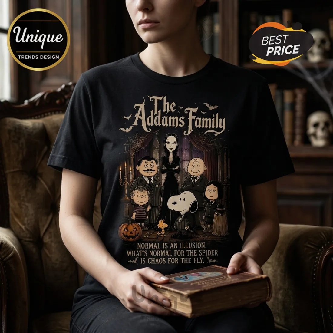 The Addams Family x Snoopy Haunted Home Black T-Shirt The Addams Family x Snoopy Haunted Home Black T-Shirt