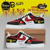 Custom Nike Air Force 1 sneakers featuring The B-52s text, red lobster graphics, and pyramid motifs on black, white, red.!