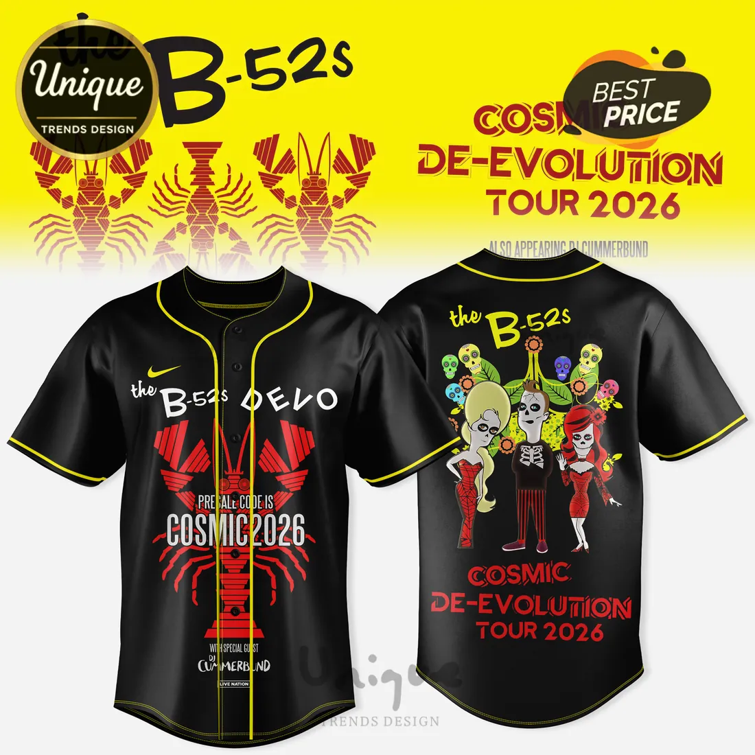 The B-52s x Devo Cosmic De-Evolution 2026 Black Baseball Jersey The B-52s x Devo Cosmic De-Evolution 2026 Black Baseball Jersey