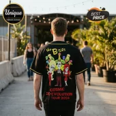 Black baseball jersey with The B-52s Cosmic De-Evolution Tour 2026 graphics and cartoon skull figures on the back.!