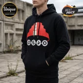 Black cotton hoodie featuring a red Devo energy dome graphic and white Devo lettering on the front.!