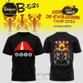 Black cotton t-shirt featuring Devo logo and red energy dome on front, with band members in dome hats on the back graphic.!