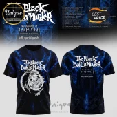 Black short-sleeve t-shirt with blue lightning, gothic castle, and The Black Dahlia Murder logo and tour dates printed.!