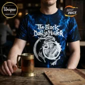 Black t-shirt featuring The Black Dahlia Murder band logo with blue lightning and a white mythical creature illustration.!