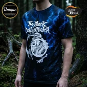 Black short-sleeve t-shirt featuring a blue lightning storm print and The Black Dahlia Murder band logo with white art.!