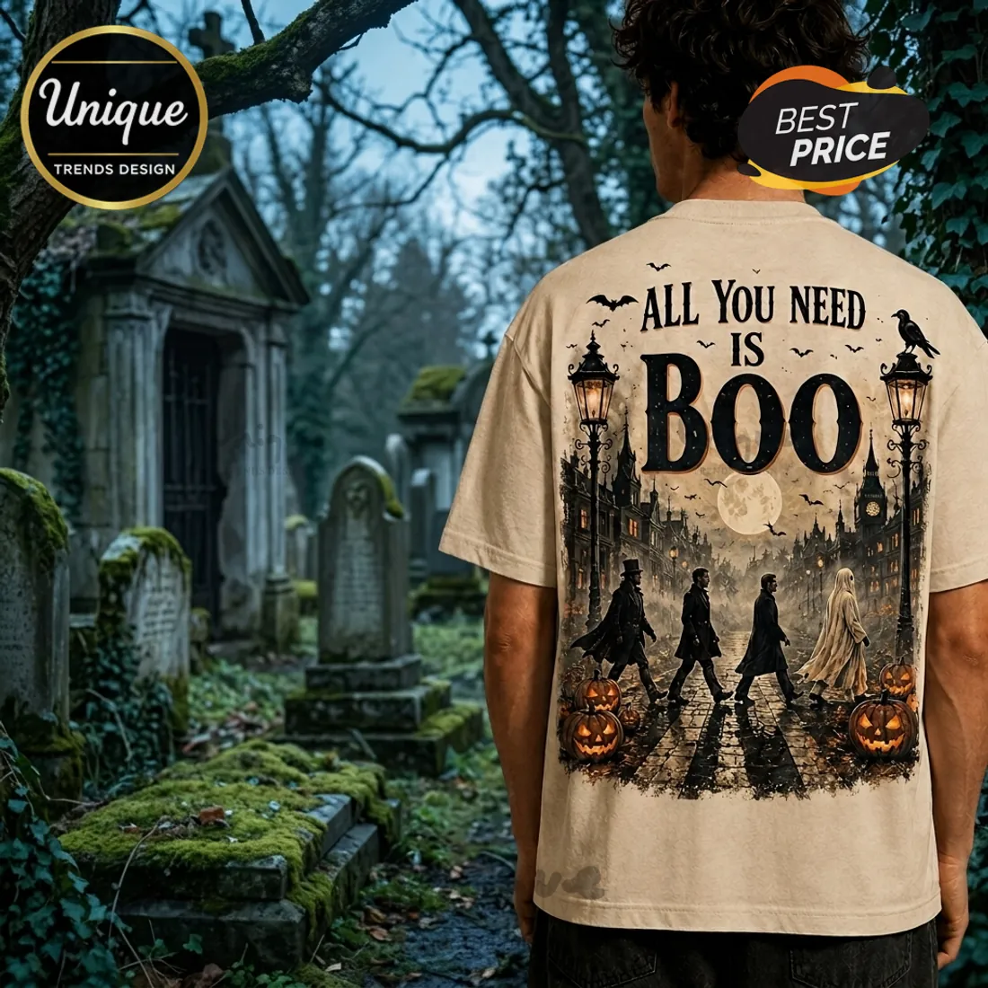 The Boo-tles Abbey Road Ghost Halloween T-Shirt The Boo-tles Abbey Road Ghost Halloween T-Shirt